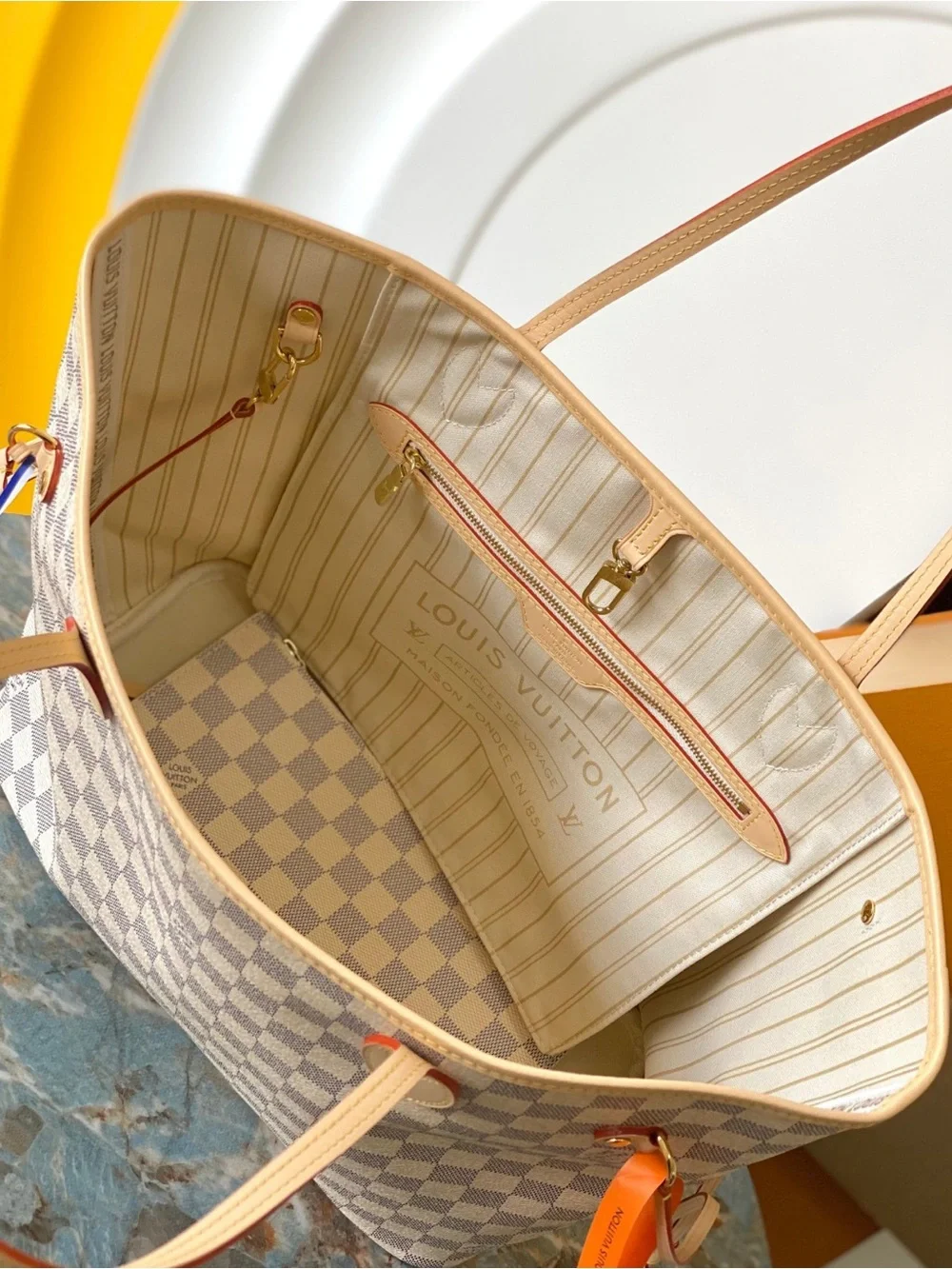 Louis   Vuitton..   Damier Azur Check Canvas Tote in Beige & White